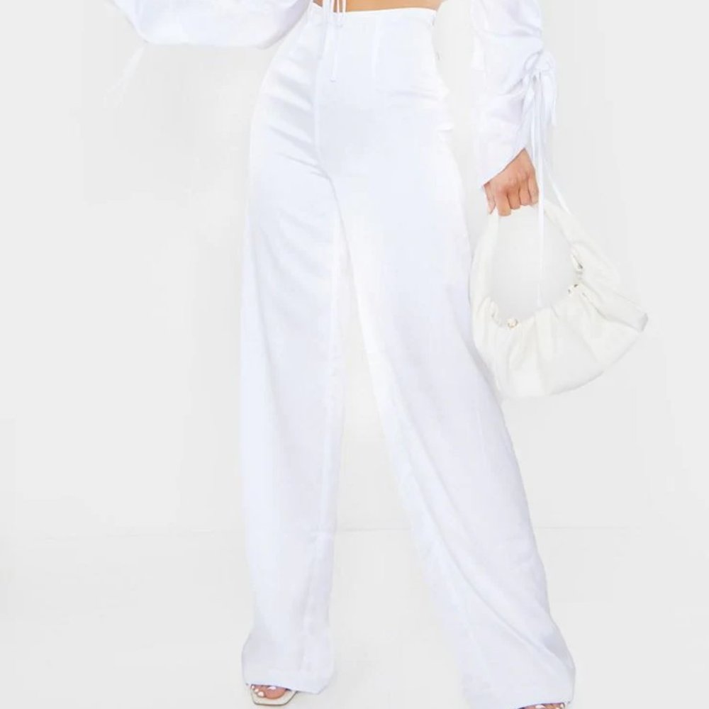NWT PrettyLittleThing Sheer White Wide Leg Pants - Picture 4 of 11